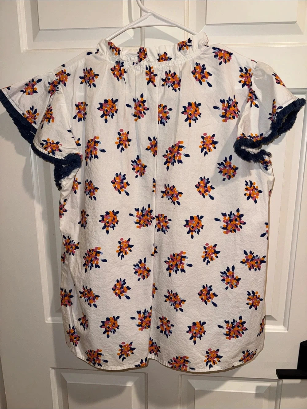 THML White Floral Tassel V-Neck Top with Navy Trim - Picture 3 of 3